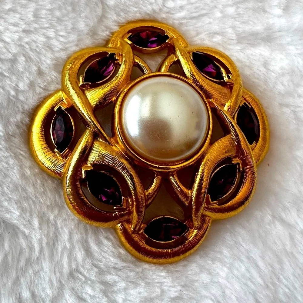 Monet Gold and crystal Purple stone Brooch with Pearl Center vintage look